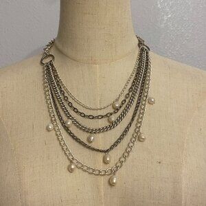 Stella & Dot Chain & Pearls Multi-strand Necklace Silver